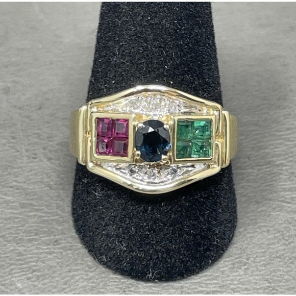 14K Solid Yellow Gold Sapphire, Ruby, Emerald and Diamond Ring - Picture 6 of 6
